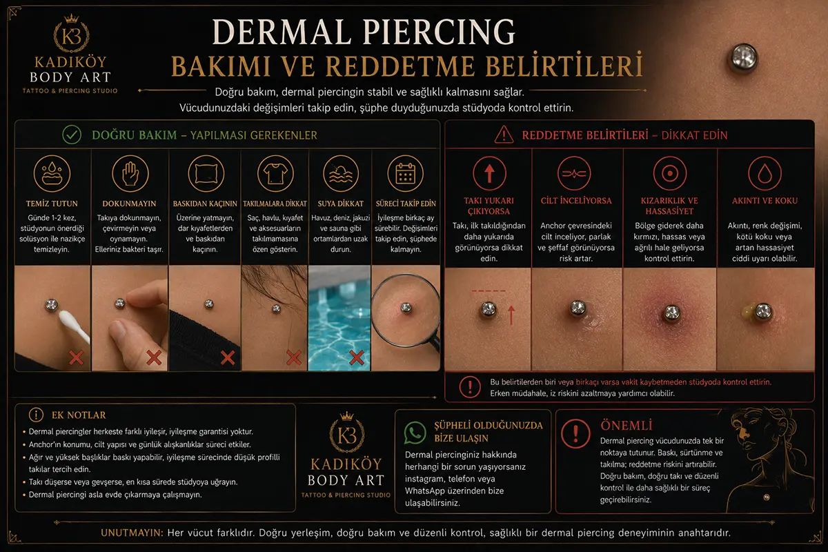 Dermal piercing bakımında baskıdan kaçınma, dokunmama, takılmalara dikkat etme ve reddetme belirtilerini gösteren dark premium rehber görseli