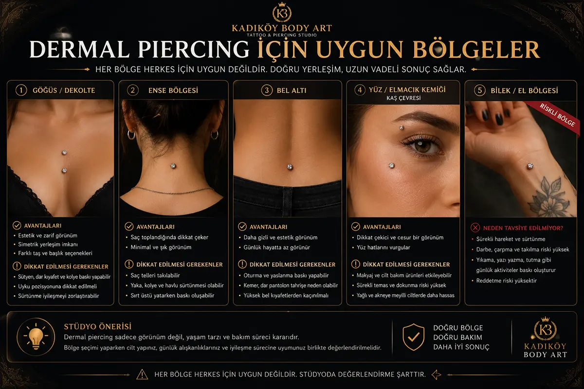 Göğüs dekolte, ense, bel altı, yüz elmacık kemiği ve bilek el bölgesi için dermal piercing uygunluk değerlendirmesini gösteren bilgilendirici görsel